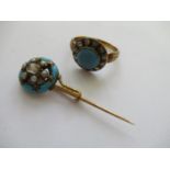 19th Century gold ring set turquoise and rose cut diamonds together with a similar brooch set