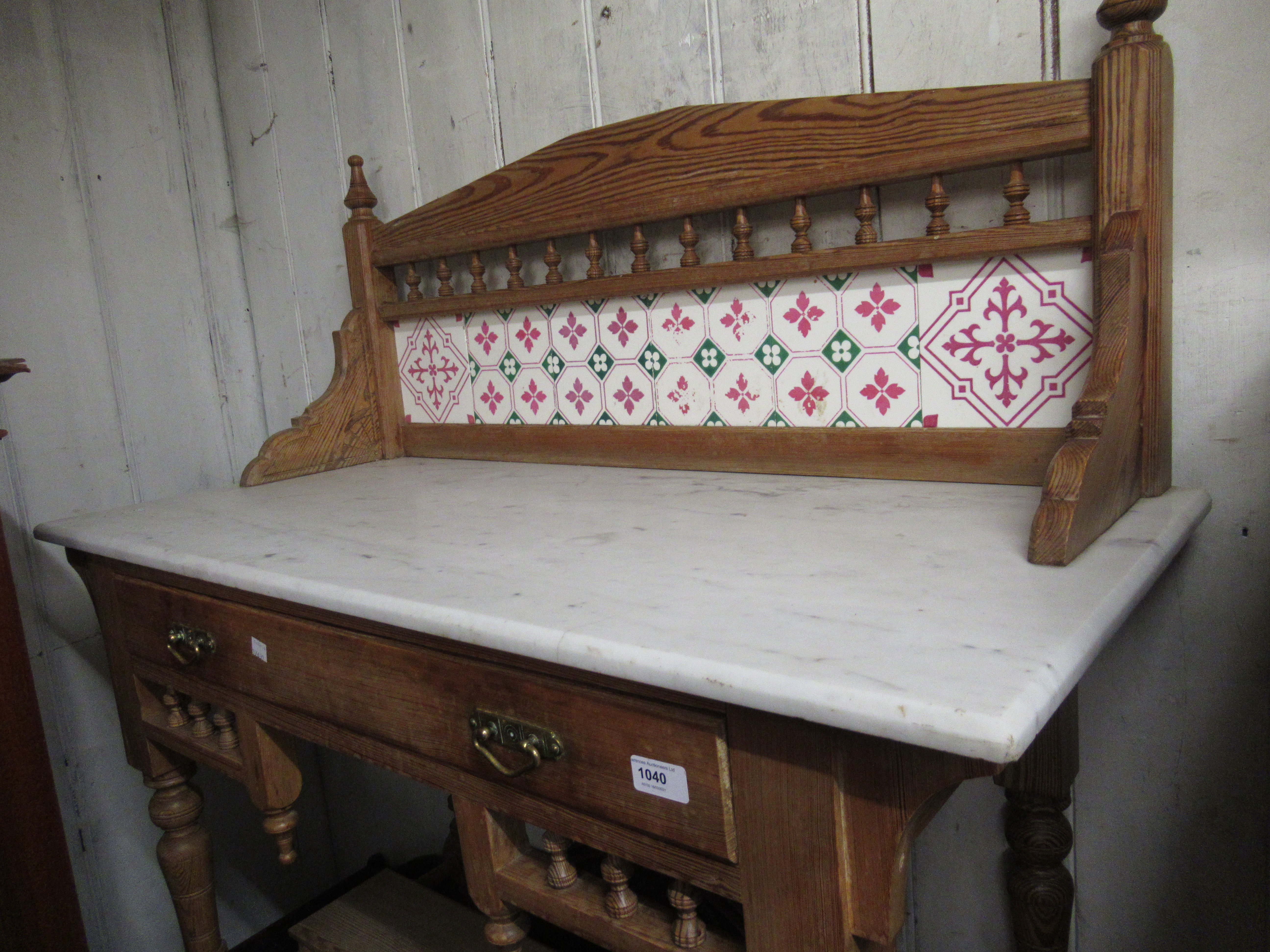 Victorian pitch pine washstand, the tiled back above a marble top, single drawer, turned supports - Image 2 of 2
