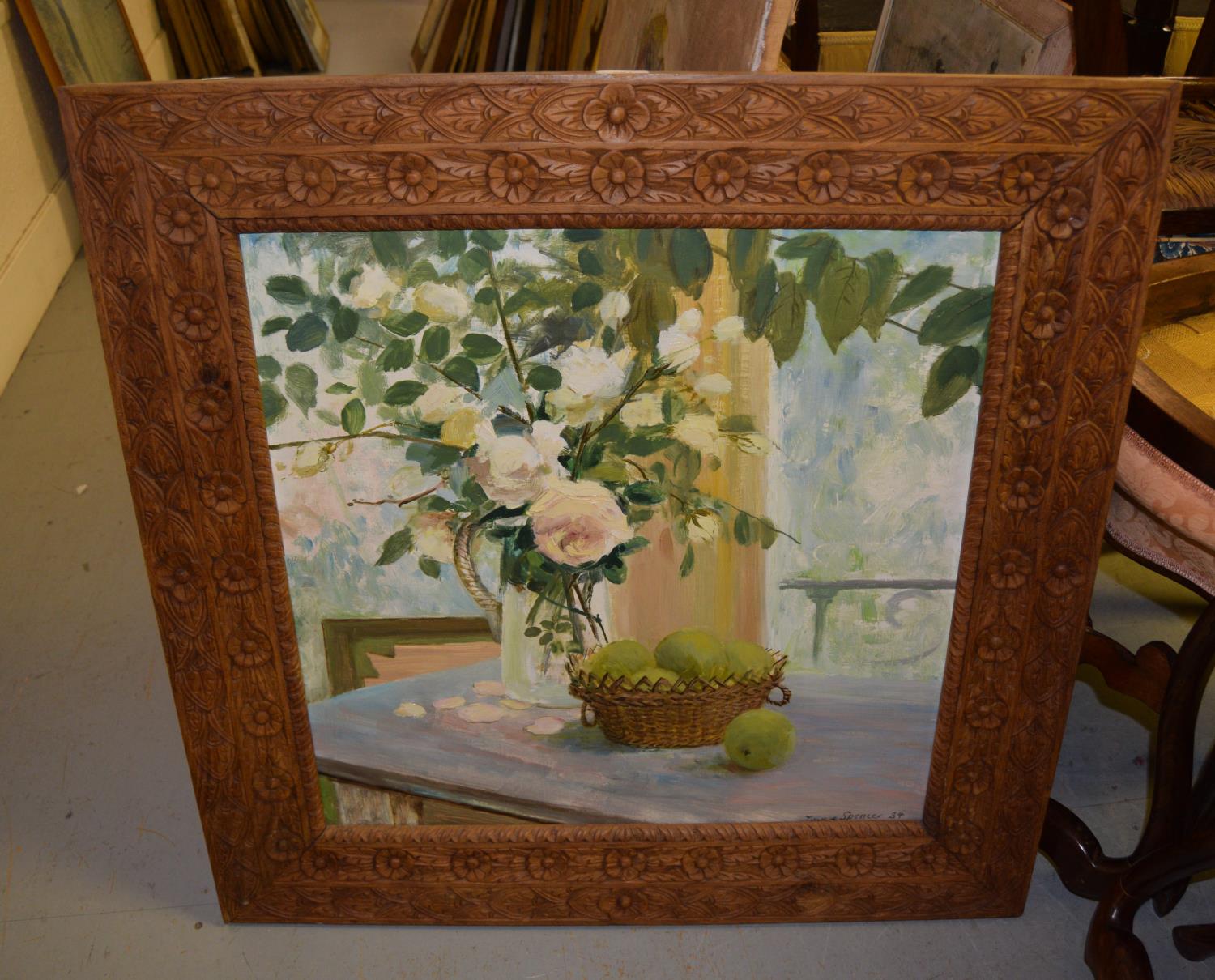 Joyce Spencer, oil on board, still life, apples and roses on a table top, 23ins square, in an - Image 2 of 3