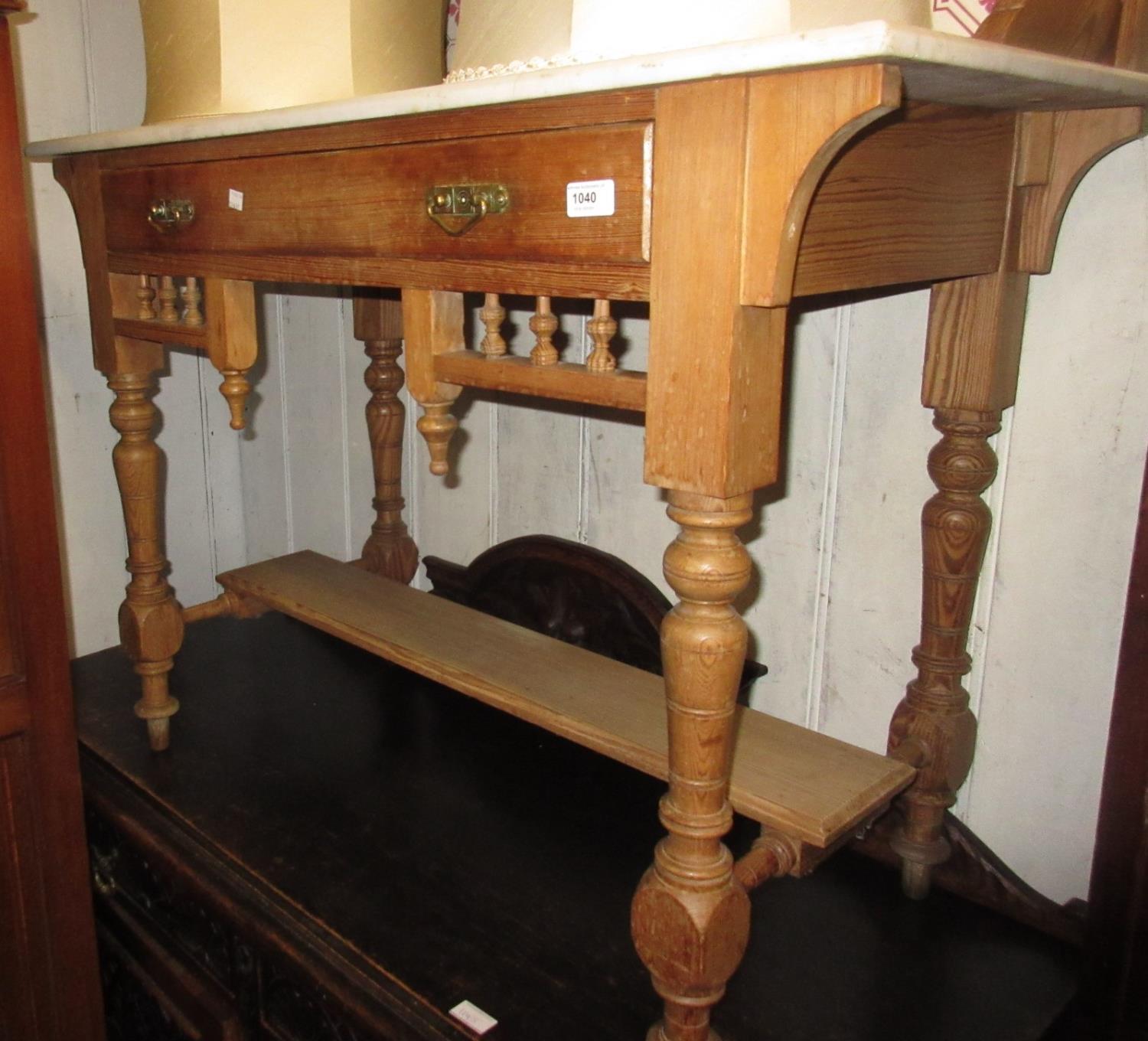Victorian pitch pine washstand, the tiled back above a marble top, single drawer, turned supports