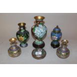 Pair of cloisonne baluster form vases with similar covered jar, together with three other