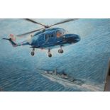 Large oil on board, Royal Navy helicopter hovering above a Naval gun boat, 37ins x 43ins