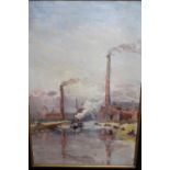 Ebonised framed oil on millboard, barge on a Northern canal with factory chimneys, bearing