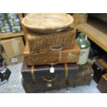 Three various suitcases, a basket, a circular wooden shallow bowl and a Bulmers cider stoneware