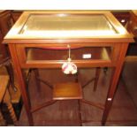 Reproduction mahogany and line inlaid rectangular bijouterie table on square tapering supports