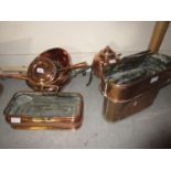 Various copper cooking tools and vessels, rectangular planter, mixing bowl etc.