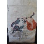 Unframed Chinese painting study of a figure with a dragon, inscribed (repair to paper)