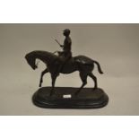 20th Century dark patinated bronze group of a horse and jockey on a marble plinth base, 15.25ins x