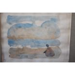 Watercolour, figure squatting in a landscape, bearing signature Ivan Peries and date 1968, 6.5ins