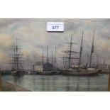 Rosewood framed watercolour and body colour, tall ships in a harbour, inscribed verso 'Lock Gates,