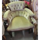 19th Century mahogany button upholstered tub shaped drawing room armchair with carved decoration and