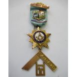 9ct Gold enamel and rose cut diamond set Masonic jewel 33.5g gross weight including ribbon and steel
