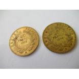 Two French twenty franc gold coins, 1856 and 1857