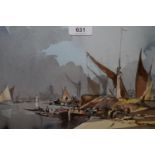 Rowland Hilder, ink and watercolour, harbour scene with figures and boats at a quayside, signed, 8.