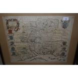 Framed antique hand coloured map of ' Hantonia ' (Hampshire), 16ins x 19.75ins, framed