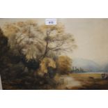 19th Century watercolour, river landscape with figures and a dog, signed indistinctly, 12ins x 16.