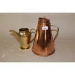W.A.S. Benson, copper hot water jug of tapering form together with a brass water jug