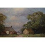 Owen Waters, pair of oil paintings on board, ' Norfolk Farmyard ' and ' An Old Marsh Cottage,