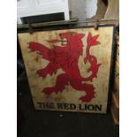 Painted metal pub sign, ' The Red Lion ', painted double sided metal pub sign, ' Courage, The Duck