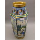 1920's French porcelain hexagonal vase, the six panels painted with views of Palestine, inscribed to