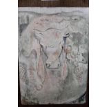 Indian school oil on panel, surrealist study of a cow in a landscape, indistinctly signed, 8ins x