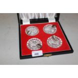 Cased set of four sterling silver mounted cut glass individual ashtrays