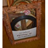 Two small 19th Century birds eye maple frames, a carved pine frame and five various others Brown and