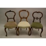Harlequin set of eight Victorian walnut balloon back side chairs with overstuffed seats and cabriole