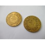 Two French twenty franc gold coins, 1854 and 1855