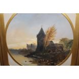 Late 19th Century oil on card, village by a river, Gothic design, gilt mount, 12ins x 12ins