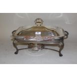 Rectangular silver plated and glass warming stand with burner