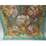 Gucci, turquoise silk scarf with various images, flora, birds and animals from around the World,