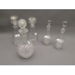 Pair of 19th Century facet cut glass decanters, pair of etched glass sherry decanters and a