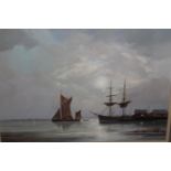 Richard Tearoe, oil on board, shipping at a quayside by moonlight, 10ins x 14ins approximately, gilt