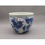 Small Chinese blue and white jardiniere decorated with a continuous scene of figures in a landscape,