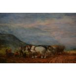 19th Century oil on millboard, figures and horses resting in a landscape, 6.5ins x 11.5ins