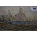 Rowland Hill, signed watercolour, docklands scene with figures by barges, 7ins x 10ins