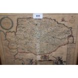 Framed antique hand coloured map of Norfolk by Blome, 9.5ins x 12.75ins