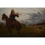 19th Century oil on canvas, cavalry man on horseback in a military camp, 16ins x 20ins Two small