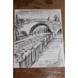 Michael Andrews, a charcoal sketch on paper, bridge over a railway line, signed with initials M.