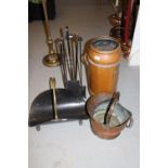 Copper stickstand, helmet shaped coal scuttle, metal log basket with brass handle and a companion