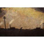 Northern English school oil on canvas, figures in a landscape with factory chimneys, 16ins x 20ins