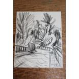 Michael Andrews, charcoal on paper, study of bridge and trees, signed with initials M.A., 4.75ins