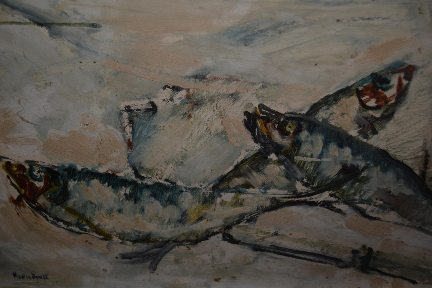 Martin Syrett, oil on board, still life of fish, signed, 15ins x 29ins, framed together with a mixed