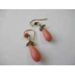 Pair of 19th Century drop earrings set coral, seed pearl and diamond chips (at fault)