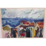 Folder containing two unframed oils, beach huts, bearing label verso 'Mathew Arnold Bracy Smith,