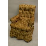 19th Century Howard & Sons gold floral brocade upholstered armchair, raised on walnut turned