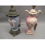 French porcelain floral painted table lamp together with a porcelain metal mounted oil lamp base