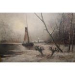 Willem De Kleist, signed oil on board, winter canal scene with sailing barge, 17ins x 23ins