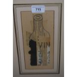 Mixed media with collage, still life with wine bottle, monogrammed G.B., 8ins x 4ins